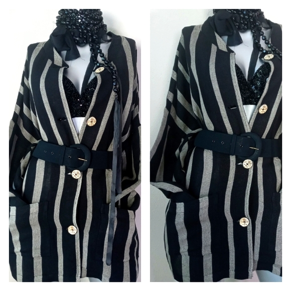 Lagenlook Oversized Pinstripe Asian Girl Wooden Buttons Shacket Relaxed Dress - Picture 8 of 11